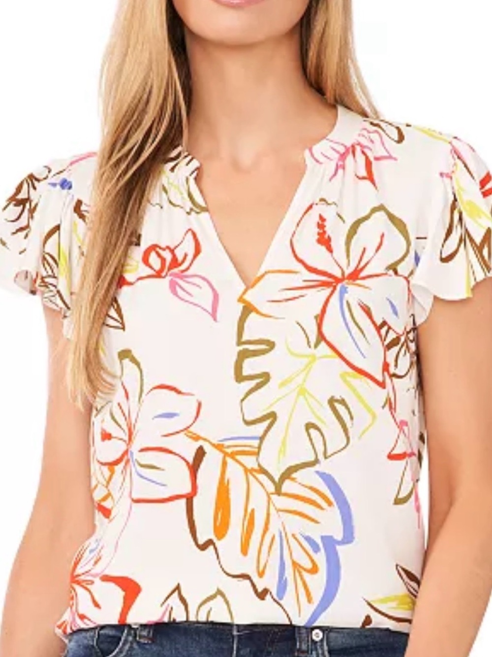 CeCe Tropical Floral Ruffle Sleeve V-Neck Blouse White Multi Color Medium